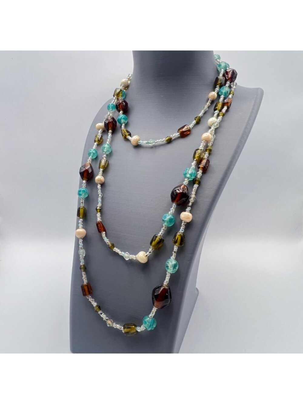 Glass Bead 56" Necklace Endless Aqua Amber Olive Cream Boho Artisan 60g Layering